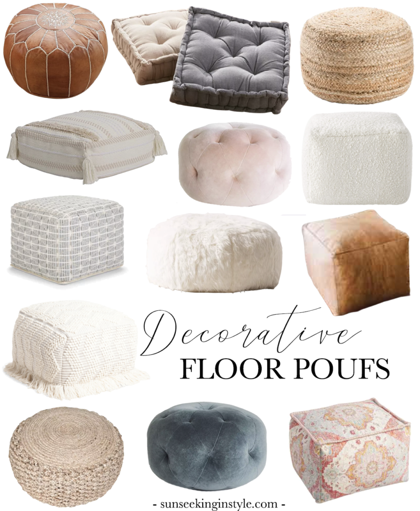 Decorative Floor Poufs in all different colors, styles, and textures.