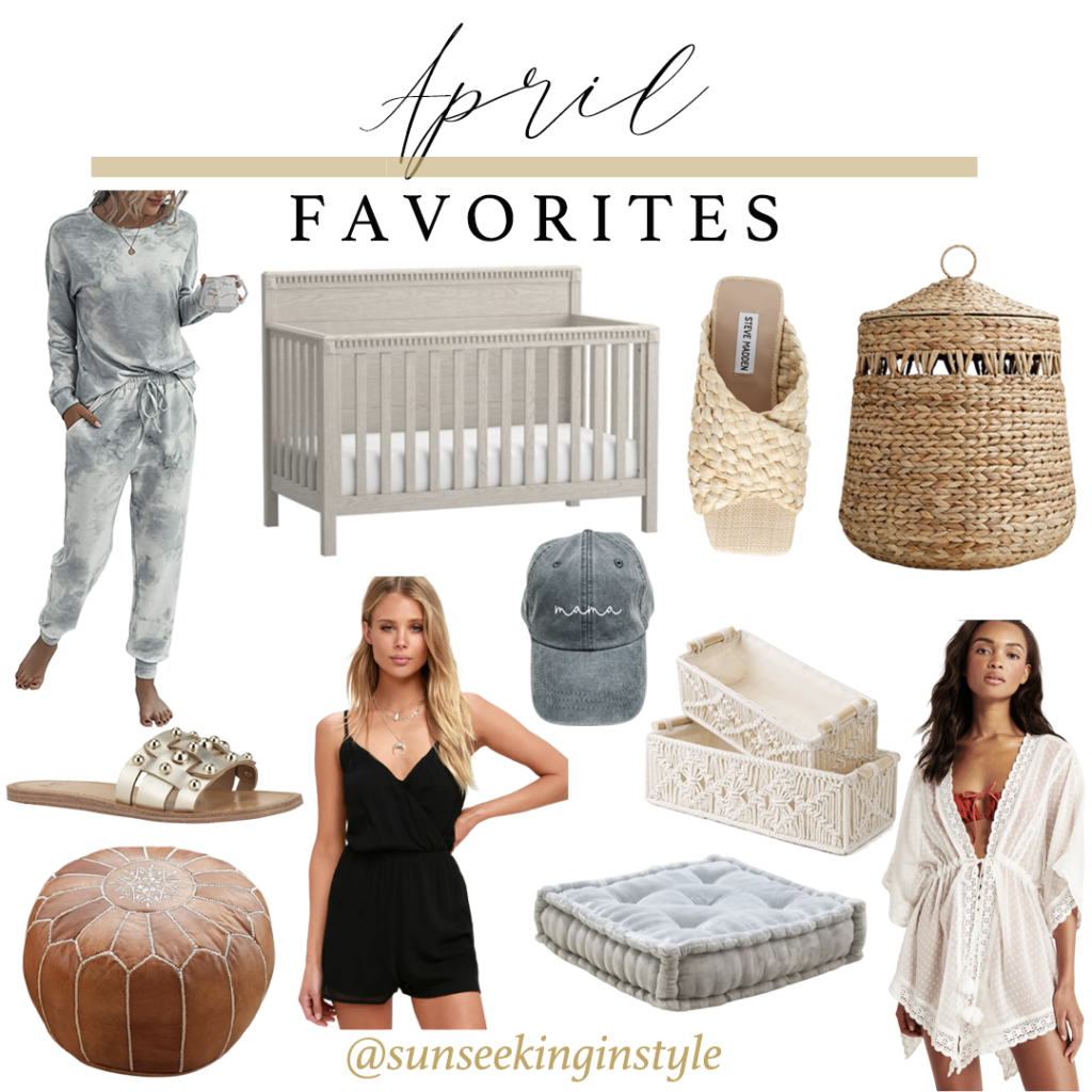 April Top Sellers from RewardStyle and Amazon. Home decor including neutral baby crib, boho woven hamper, moroccan floor pouf, velvet floor cushion, pajamas and loungewear, romper and swim cover up. Slide sandals. Mama hat. Boho organizing baskets.