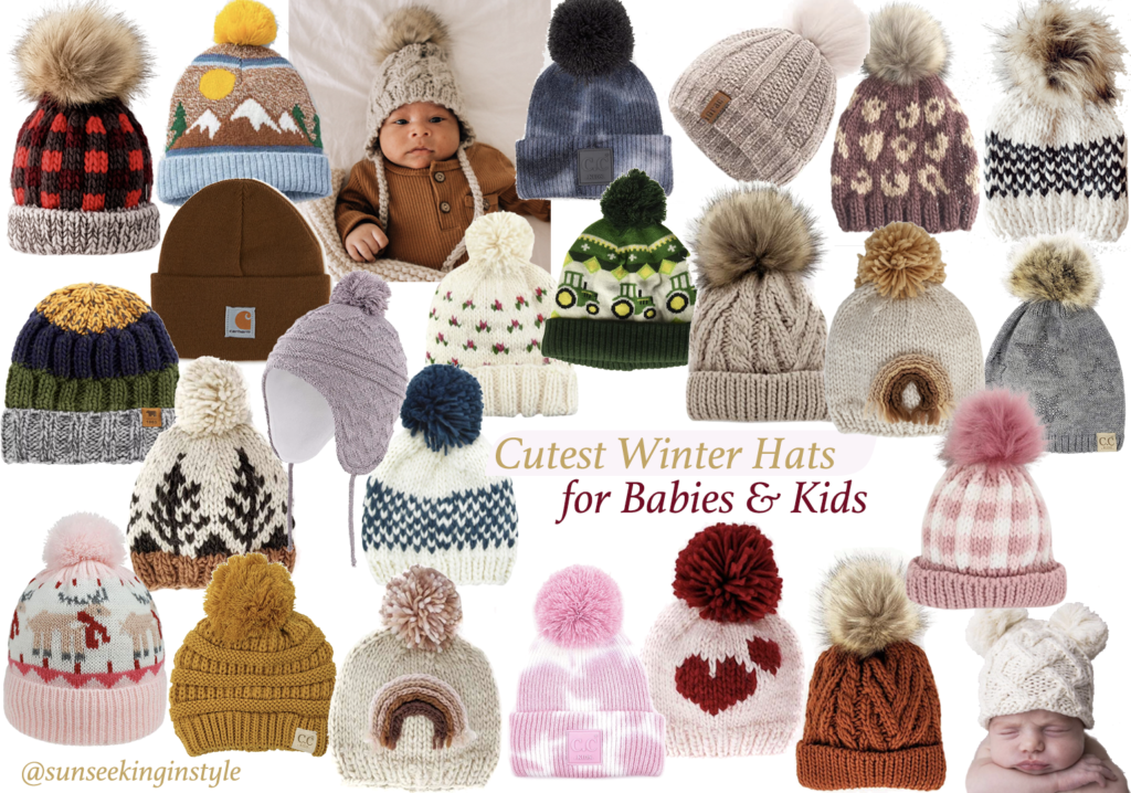 25 cute winter hats for babies, toddlers & kids. Adorable winter beanies for girls & boys of all ages. Knit pom beanies for babies & kids.