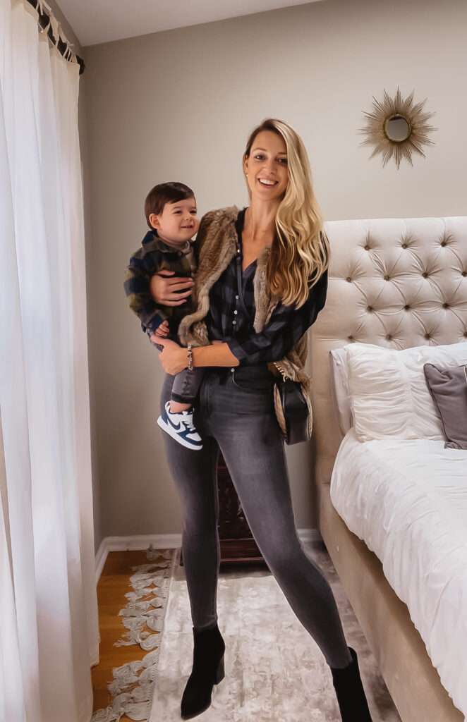 Fall Outfit Inspo: 7 Coordinating Mommy & Me Styles. Toddler boy fall outfit. Toddler flannel shirt, toddler pocket tee, toddler washed gray skinny jeans & toddler Nike Air sneakers. Women's cropped plaid top, super high rise skinny jeans, fur vest, Gucci GG Marmont bag & black suede booties.
