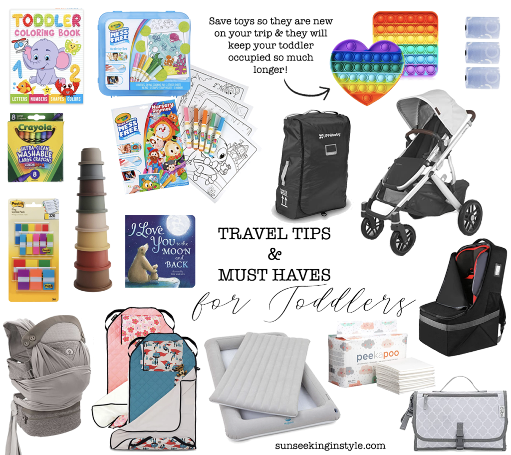 Tips for Traveling with a Toddler. Toddler travel tips. Toddler travel gear. Tips for flying on an airplane with toddlers. Entertainment and gear  for travel with toddler.