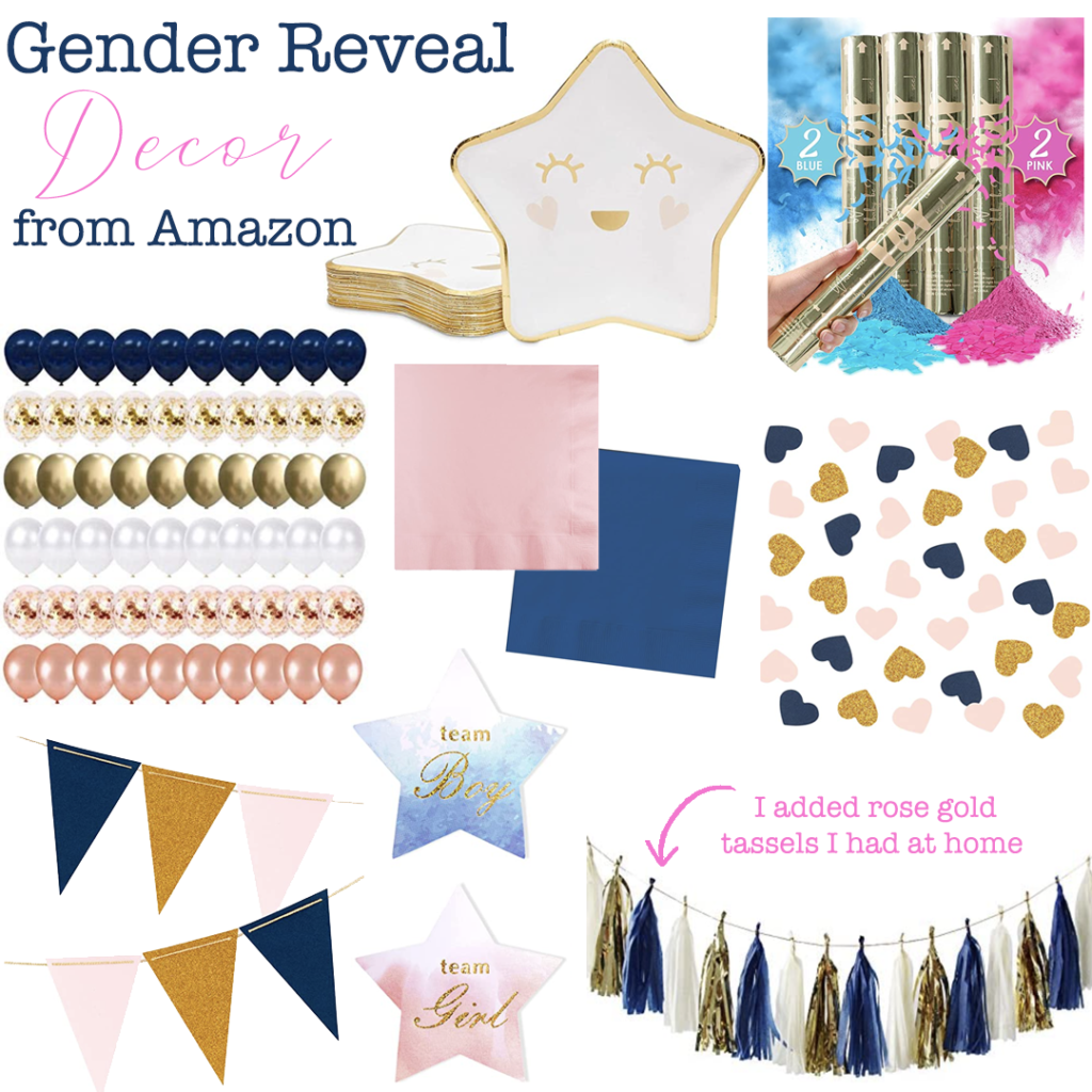 Simple & Classy Gender Reveal Party Decor. Navy, pink and gold gender reveal party decor. Gender reveal poppers. Team Girl and Team Boy gender reveal sticks. Affordable gender reveal decor from Amazon.