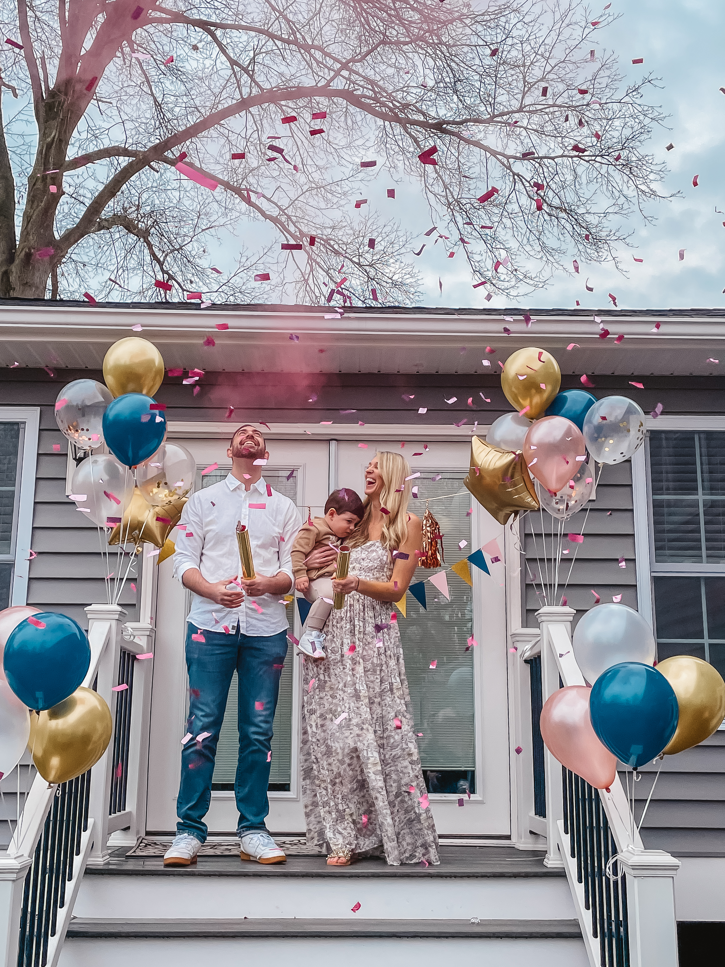 Simple & Classy Gender Reveal Party Decor. Navy, pink and gold gender reveal party decor. Gender reveal poppers.