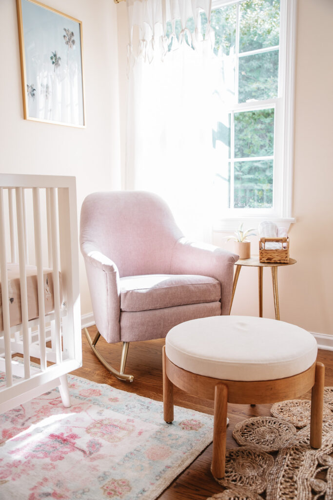 Boho Chic South Beach Theme Baby Girl Nursery. Baby girl crib, rocking chair, ottoman, name sign, tassel chandelier, feminine rugs. Baby girl nursery decor. Girl room decor.